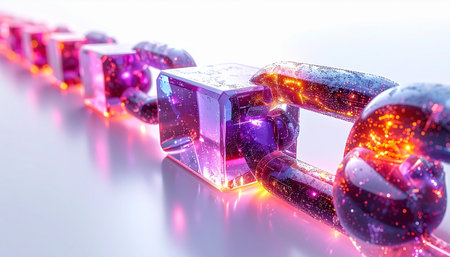 A luminous chain of interconnected blocks glows with vibrant energy, symbolizing the unbreakable security and seamless flow of data in a decentralized digital network. This represents the future of technology, innovation, and secure transactions in the world of blockchain and web3.の素材