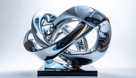 A sleek, chrome sculpture captures the light, its intertwined form suggesting infinite connection and modern innovation. This elegant art piece symbolizes the complexity and beauty of interconnected systems, making it a perfect visual for concepts of future technology, corporate synergy, and endless possibilities.の素材