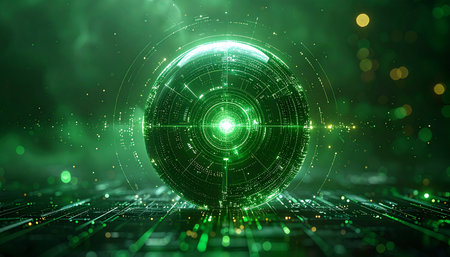 In the heart of a vast digital network, a luminous green core pulses with raw data and nascent intelligence. This is the central processing unit of a futuristic system, a nexus of information and power that drives the technology of tomorrow.の素材