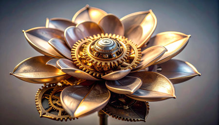 A beautifully crafted mechanical flower blooms, its petals made of polished bronze and its heart a complex array of golden gears. This steampunk-inspired sculpture represents the perfect fusion of industrial innovation and the timeless elegance of nature, a symbol of creativity and intricate engineering.の素材