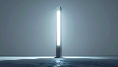 A single, luminous column stands as a beacon in a vast, minimalist space. Its cool, serene glow cuts through the darkness, reflecting on the floor below and suggesting a path forward into an unknown, futuristic world.の素材