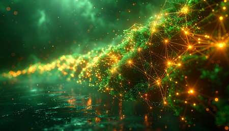 A luminous strand of digital DNA or a complex neural network floats in a dark, ethereal space. Glowing green and gold nodes connect in an intricate web, symbolizing the flow of information, genetic discovery, or the dawn of artificial intelligence. This visual represents the intersection of biology and technology, evoking a sense of profound mystery and the limitless potential of future innovation.の素材
