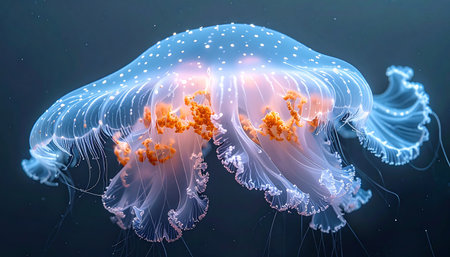 A solitary jellyfish drifts through the silent, dark abyss of the deep ocean. Its body glows with an ethereal, bioluminescent light, a mesmerizing display of natures hidden magic, creating a moment of serene beauty and profound mystery in the vast underwater world.の素材