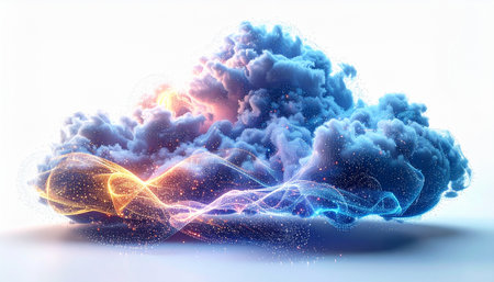 A vibrant cloud of ethereal energy materializes against a stark white background. Swirls of cool blue and purple vapor are illuminated from within by a warm, powerful orange glow, suggesting the birth of a new idea, a technological breakthrough, or a magical phenomenon. This abstract formation captures a moment of dynamic creation and mysterious power.の素材
