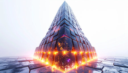 A colossal, otherworldly pyramid hums with immense power, its base glowing with the fiery energy of a captured star. Standing as a silent monument in a stark, white void, this mysterious alien artifact hints at an ancient, advanced civilization and the untold secrets of its technology.の素材