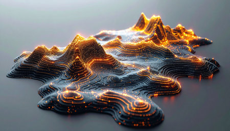 A stunning 3D rendering of a data landscape, where glowing peaks of information rise from a complex network of interconnected pathways. This abstract visualization represents the flow of big data, technological innovation, and the intricate terrain of a digital frontier.の素材