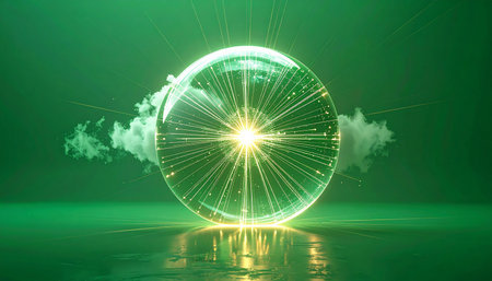 A luminous sphere of green energy pulsates with the power of a sustainable future. Intricate light rays, like a digital network or fiber optic cables, emanate from its core, symbolizing innovation, global connection, and the potential of clean technology. The scene evokes a sense of hope and progress in a high-tech world.の素材