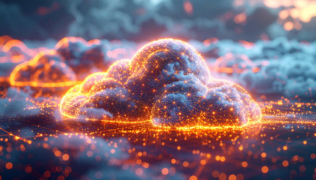 A digital landscape where information takes physical form. Luminous clouds, composed of glowing data particles, represent vast networks of information and cloud computing power. This abstract scene visualizes the flow of big data, digital transformation, and the interconnected future of technology.の素材