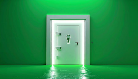 In a room bathed in an emerald glow, a heavy vault door stands slightly ajar. A brilliant, pure white light spills out, hinting at the untold secrets, immense wealth, or groundbreaking opportunities that lie just beyond the threshold, waiting to be claimed.の素材