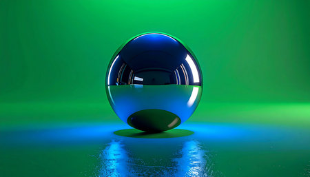 A mysterious, reflective orb rests on a glowing surface, bathed in ethereal blue and green light. This minimalist composition evokes concepts of future technology, data, and unknown possibilities, perfect for themes of innovation and discovery.の素材