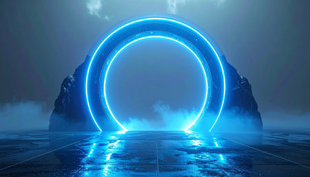 A glowing blue neon ring emerges from the mist, casting an ethereal light across a wet, rocky landscape. This mysterious portal serves as a gateway to an unknown dimension, inviting viewers on a futuristic journey into a world of science fiction and fantasy.の素材