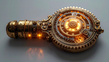 An intricate steampunk key, crafted from brass and gold, lies waiting. Its complex clockwork mechanism glows with an inner light, hinting at the forgotten secrets, ancient machinery, or new dimensions it has the power to unlock. A symbol of mystery, adventure, and discovery.の素材