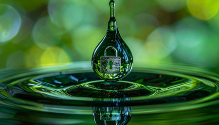 A single drop of water, captured in a macro photograph, holds the reflection of a secure padlock just before it merges with the rippling surface below. This powerful conceptual image symbolizes the critical importance of water security, resource protection, and environmental data privacy against a backdrop of natural purity.の素材