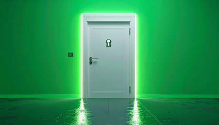 In a stark green room, a single white door glows with an otherworldly light, casting long reflections on the polished floor. It stands as a silent invitation to an unknown future, a portal to a new opportunity or a mysterious escape. What lies beyond is a secret waiting to be discovered.の素材