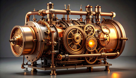 A marvel of retro-futuristic engineering, this intricate steampunk engine hums with latent power. Glowing gears and polished brass pipes suggest a world where Victorian aesthetics meet advanced, steam-powered technology, symbolizing innovation, complexity, and the beauty of mechanical design.の素材