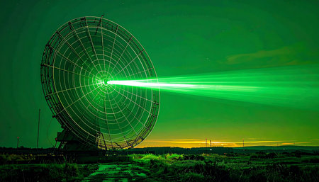 Under a vibrant green sky at twilight, a massive radio telescope focuses its power, sending a brilliant laser beam into the cosmos. This image captures a moment of interstellar communication, a powerful signal searching for answers in the vast, unknown expanse of space, symbolizing humanitys quest for discovery and connection.の素材
