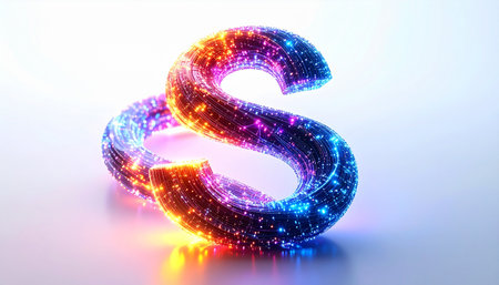 A luminous letter S forged from a thousand glowing crystals, pulsing with vibrant neon energy. This abstract 3D render captures a futuristic concept, symbolizing innovation, digital power, and the magic of modern technology on a clean, reflective surface.の素材