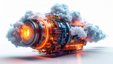 A powerful, futuristic engine emerges from the clouds, its glowing core representing the immense processing power of modern cloud computing. This image symbolizes the fusion of complex data infrastructure and seamless digital transformation, driving the next wave of technological innovation.の素材