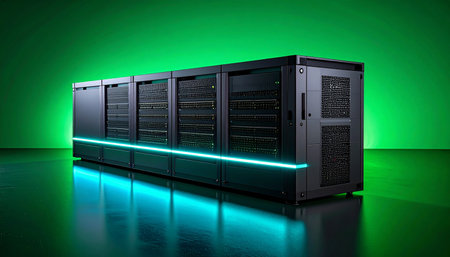 In a state-of-the-art facility, powerful server racks hum with activity, illuminated by futuristic green and blue neon lights. This represents the core of modern cloud computing, data processing, and the digital infrastructure driving global innovation.の素材
