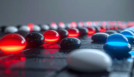 On a futuristic grid, luminous red and blue pieces face off in a silent, strategic battle. This represents a modern conflict of ideas, technology, or business, where every calculated move determines the future of the network.の素材