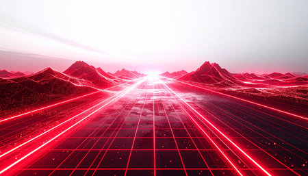 A high-speed digital highway paved with red laser grids cuts through a virtual mountain range, racing towards a blindingly bright horizon. This image evokes a sense of rapid progress, data transmission, and a journey into the future of technology and the metaverse.の素材