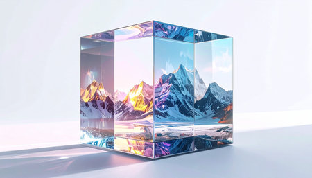 A stunning 3D rendering captures a miniature mountain range perfectly preserved within a transparent crystal cube. The scene presents a beautiful dichotomy, with one side bathed in the warm glow of gold and the other in the cool, serene tones of blue and purple, symbolizing the contrast between day and night or fire and ice. This conceptual artwork evokes themes of environmental preservation, virtual worlds, and the precious, fragile beauty of nature contained.の素材