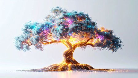 A solitary tree pulses with vibrant, digital energy, its roots glowing with ancient wisdom and its leaves sparkling with the colors of innovation. This Tree of Life represents the intersection of nature and technology, a symbol of growth, connection, and the boundless potential of a futuristic ecosystem.の素材