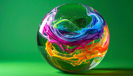 A universe of vibrant colors collides and swirls within a clear glass sphere. This captivating macro shot captures a dynamic explosion of liquid ink, suggesting concepts of creativity, cosmic energy, and the beautiful chaos of creation against a stark green background.の素材