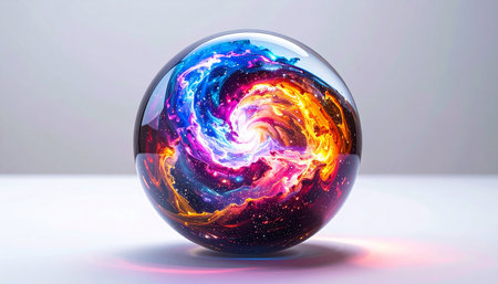 A mesmerizing crystal orb rests on a clean, white surface, containing a swirling, vibrant universe within. Luminous nebulae of orange, blue, and purple dance together, representing concepts of creation, infinite possibility, and the boundless power of imagination.の素材