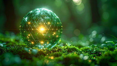 Deep within an enchanted woodland, a crystalline sphere hums with a warm, golden light. This fusion of nature and mystical energy creates a scene of tranquil wonder, symbolizing harmony, discovery, and the secrets of the universe.の素材