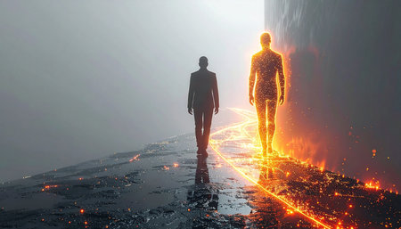 A man in a suit walks alongside his transformed, glowing future self on a surreal path between darkness and light. This conceptual image represents digital transformation, personal evolution, and the powerful journey towards an innovative and enlightened future.の素材