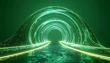 Step into a vibrant green digital corridor, a portal to the future where data flows like a river of light. This abstract tunnel represents high-speed travel through cyberspace, symbolizing innovation, progress, and the endless possibilities of technology.の素材