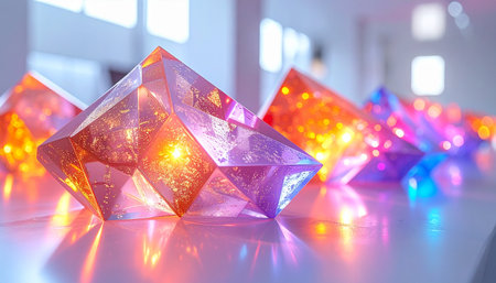 A row of faceted, crystal-like objects glows from within, casting vibrant reflections of orange, purple, and blue light. This modern art installation evokes concepts of digital innovation, data flow, and the energetic pulse of future technology.の素材
