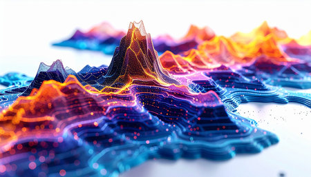 A vibrant digital landscape rises and falls, representing the complex flow of big data. Glowing peaks signify insights and discoveries, while interconnected valleys show the intricate network of information, illustrating the future of technological analysis and innovation.の素材