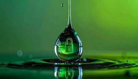 A single, perfect droplet encapsulates a glowing symbol of digital security, representing the purity and clarity of protected data. It signifies the seamless integration of robust encryption into the flow of information.の素材