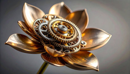 A beautiful bronze lotus blooms, its heart replaced by an intricate clockwork mechanism. This steampunk creation symbolizes the fusion of natural elegance and industrial precision, a timeless piece where technology and nature intertwine in perfect harmony.の素材