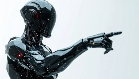 A highly advanced humanoid robot, crafted from sleek black materials, stands against a stark white background. With a decisive gesture, it points its finger forward, symbolizing guidance, command, and the inexorable march of technological progress. This image represents the future of artificial intelligence, automation, and digital interaction.の素材
