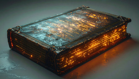 In a forgotten archive, an ancient tome rests, its leather-bound cover belying the powerful secrets within. Pages of pure light and digital energy pulse with the wisdom of ages and the technology of tomorrow, a bridge between magic and machine waiting to be opened.の素材