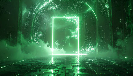 A glowing green neon portal hums with mysterious energy in a dark, futuristic chamber. Swirling smoke and reflections on the floor suggest a gateway to another dimension, an unknown virtual world, or the dawn of a new technological era.の素材