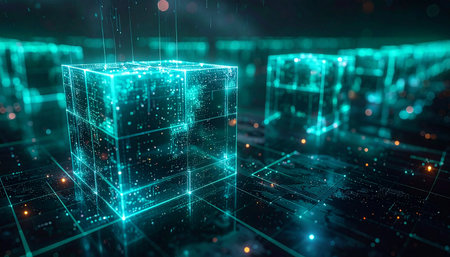 In a vast digital expanse, glowing cubes of data are processed and exchanged through a secure, decentralized network. This represents the future of blockchain technology, where information flows seamlessly and securely, powering innovation and global connection.の素材