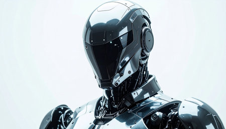 In a sterile, white environment, an advanced humanoid robot stands ready. Its polished metallic armor reflects the bright light, hinting at the immense power and complex artificial intelligence contained within its silent, imposing frame. A symbol of future technology, security, and the next frontier of innovation.の素材