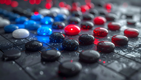 In a world of digital conflict and global competition, strategic decisions are made on a glowing grid. Red, white, and blue lights illuminate the pieces, representing national interests and complex alliances. Each move is a calculated risk in a high-stakes game of power, technology, and foresight.の素材