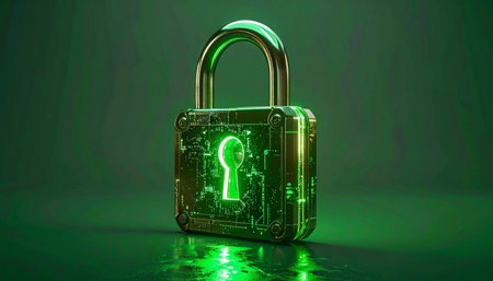 A glowing green padlock, infused with intricate circuitry, stands as a powerful symbol of digital security. Its radiant light signifies an impenetrable, encrypted fortress protecting sensitive data from unauthorized access in the vast world of cyberspace.の素材