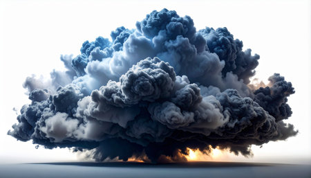 A colossal plume of dark, turbulent smoke erupts with immense force, captured against a stark white background. The glowing embers at its base hint at the powerful explosion that created this dramatic and chaotic cloud, symbolizing immense energy, destruction, or a significant industrial event.の素材