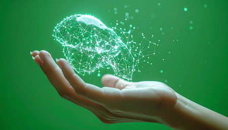 A human hand presents a glowing, digital wireframe of a futuristic car, symbolizing the intersection of human ingenuity and advanced automotive technology. This conceptual image represents innovation in electric vehicles, sustainable transport, and the future of mobility.の素材