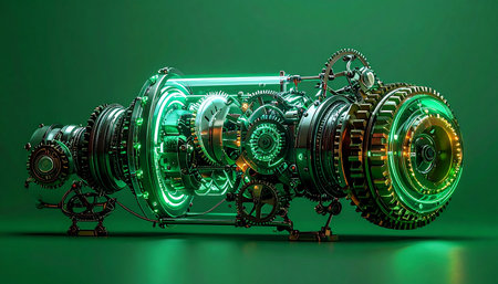 A glimpse into the future of power, this intricate fusion reactor hums with contained green energy. Its complex gears and glowing core represent a breakthrough in sustainable technology, symbolizing innovation, progress, and the limitless potential of human ingenuity.の素材