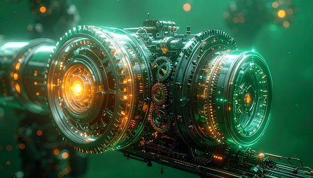 Deep within the engine room of an interstellar vessel, the fusion reactor hums with immense power. Glowing orange light pulses from its intricate core, casting a green luminescence on the complex machinery, a testament to advanced engineering ready for deep space exploration.の素材
