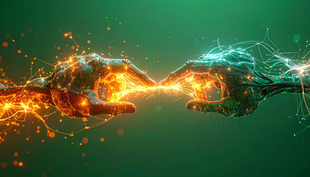 In a digital realm, two forcesone of fiery passion and the other of cool logicmake contact. At their touch, a brilliant spark of creation ignites, symbolizing the birth of a new idea, a powerful partnership, or a technological breakthrough.の素材