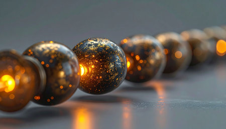 A line of mysterious orbs levitates in perfect alignment, each containing a complex, glowing core of raw energy. This represents a powerful network, a flow of data, or a breakthrough in quantum technology, symbolizing innovation, connection, and the untapped potential of the future.の素材