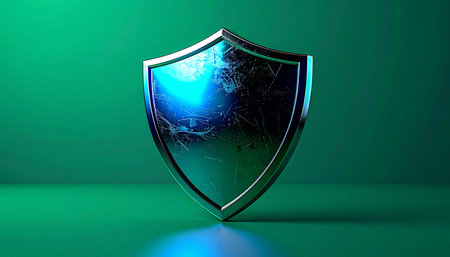 A gleaming metallic shield stands as a powerful symbol of digital defense and online security. Bathed in cool blue and green light, it represents an impenetrable fortress protecting sensitive data, privacy, and information from cyber threats in the modern technological world.の素材